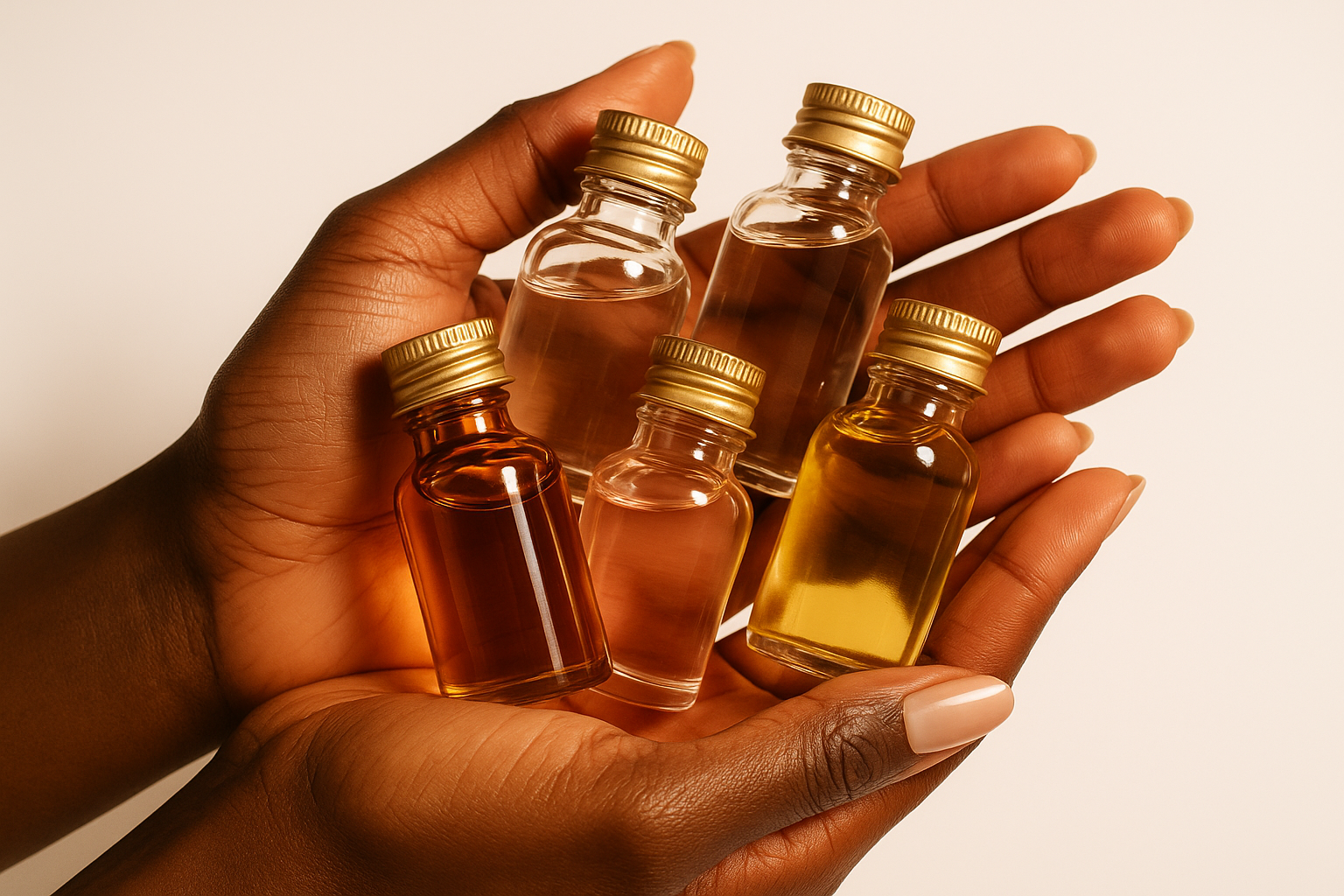 African American hands holding multiple fragrance oils