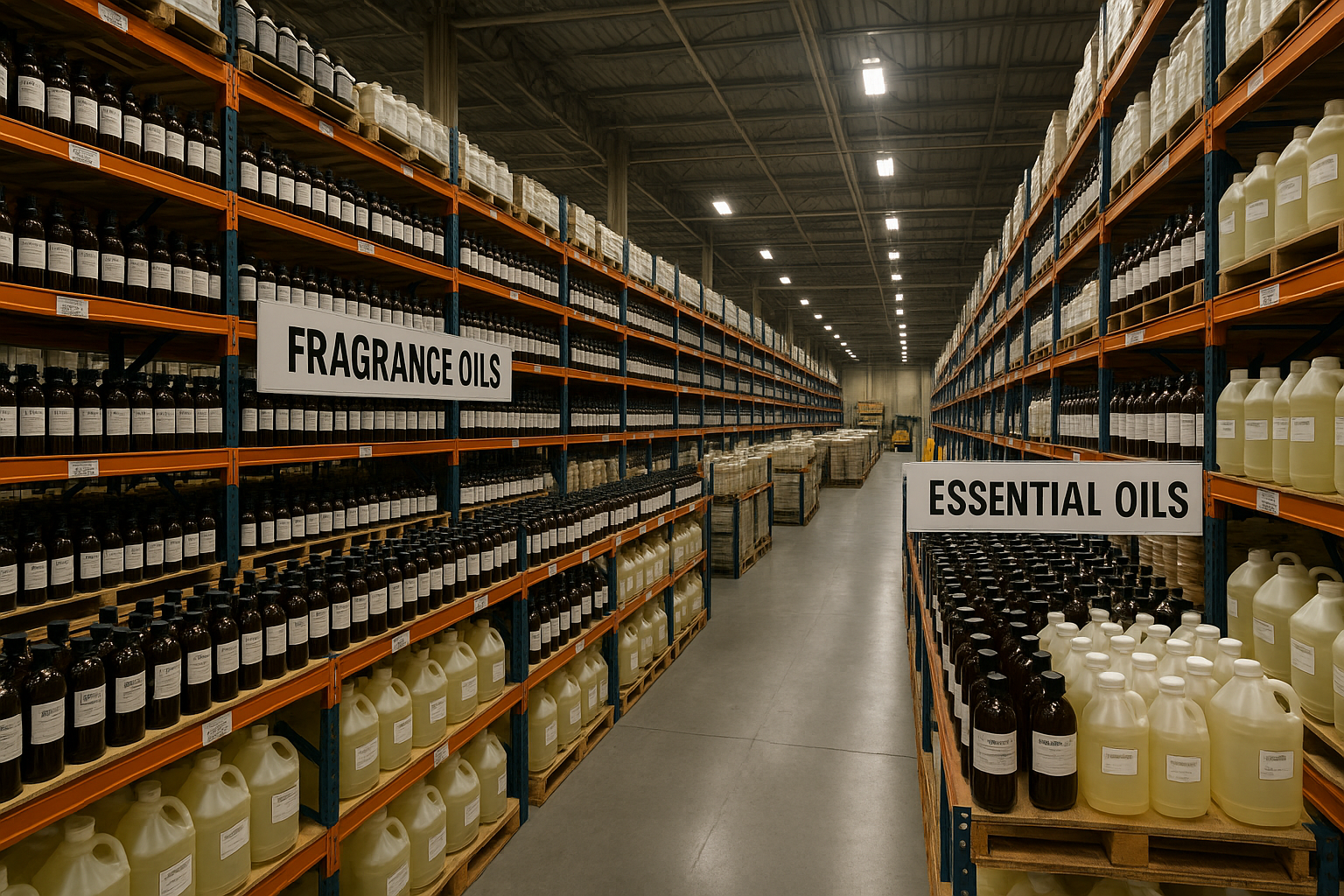 Fragrance oil shelves in large store warehouse
